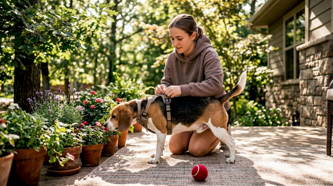 Woman adjusting dog harness during walk prep