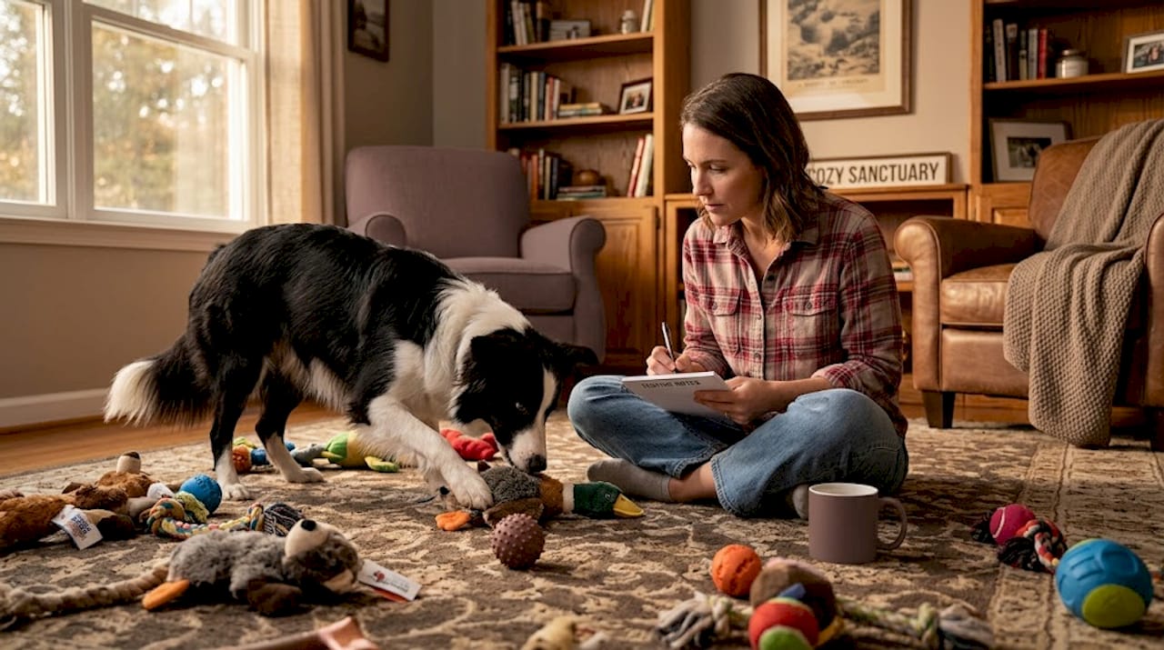 Dog owner observing pet choosing safe toys