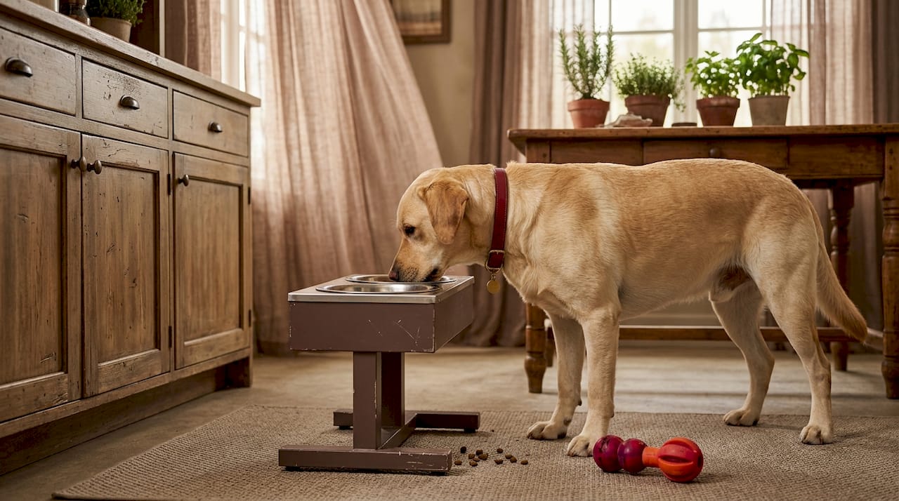 Labrador using raised stainless steel feeder