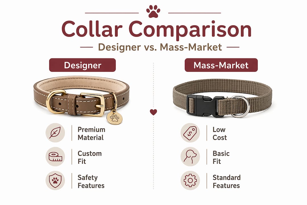 Designer versus mass-market dog collar comparison infographic
