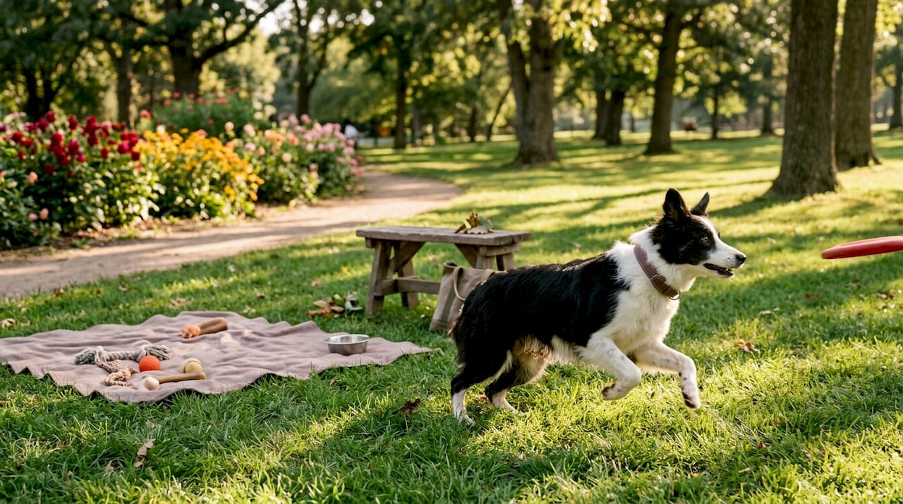 Active dog wearing ergonomic designer collar outdoors