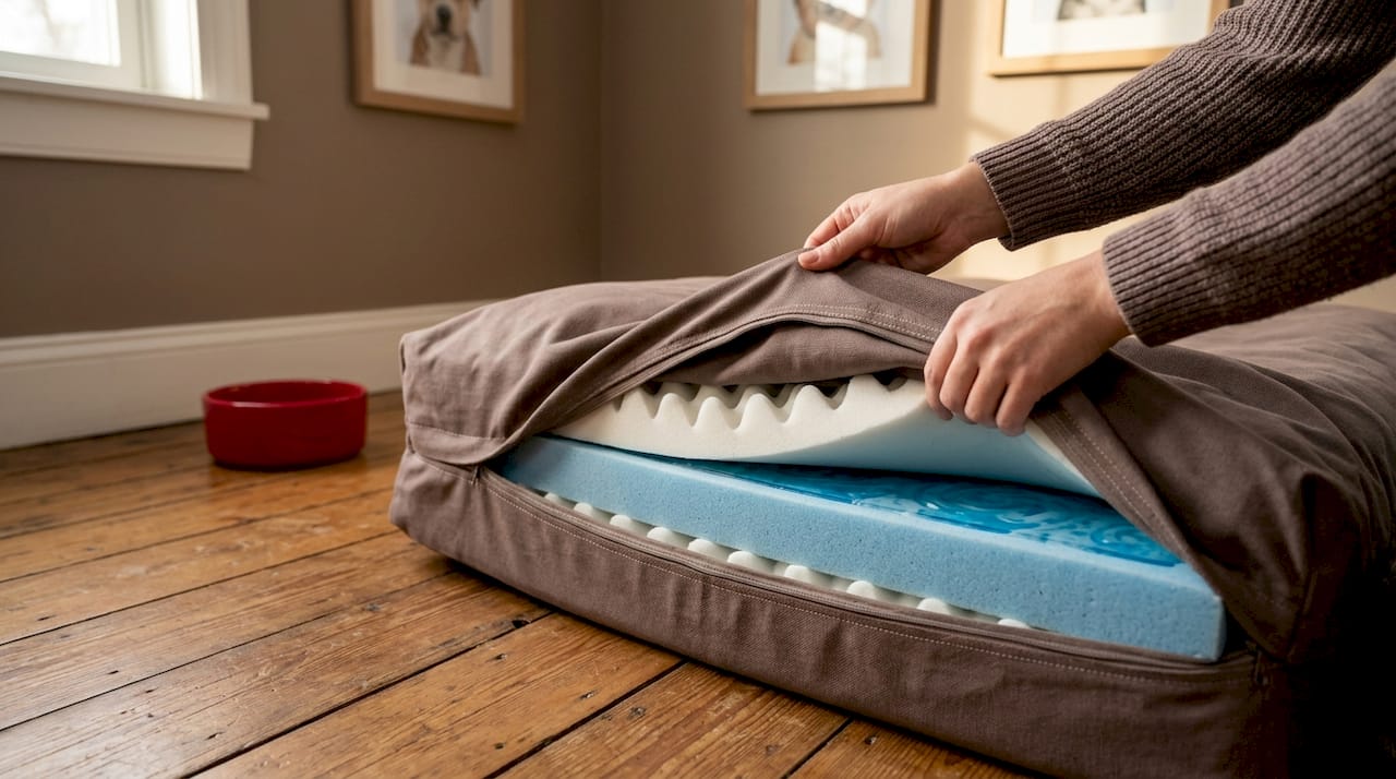 Hands reveal foam layers in dog bed