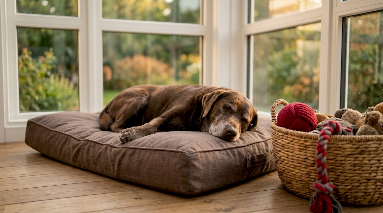 Senior Labrador resting on orthopedic support bed