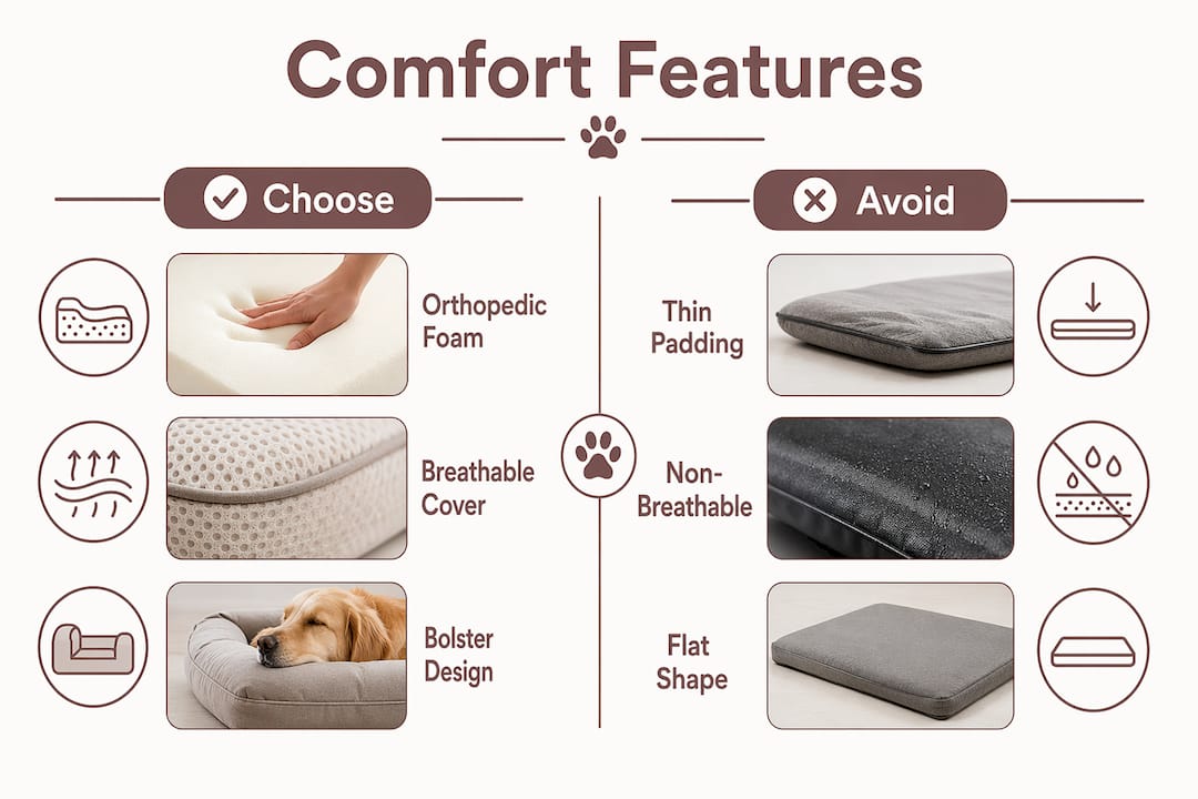 Infographic contrasting dog bed features to choose and avoid
