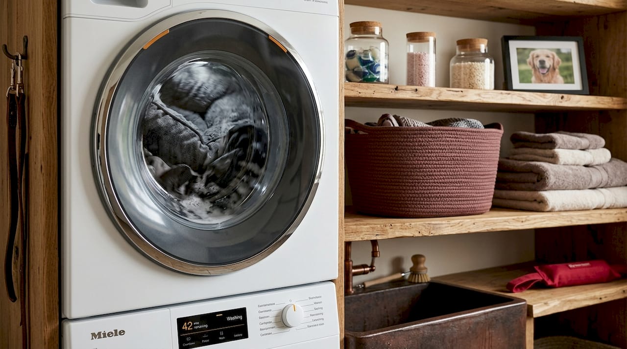 Dog bed inside washing machine during cleaning