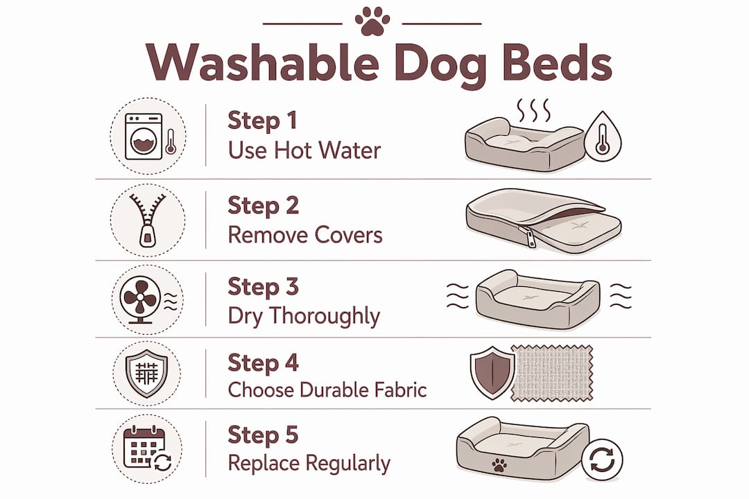 Infographic illustrating steps to maintain washable dog beds