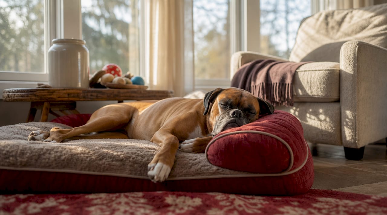 Boxer curled up on plush dog bed