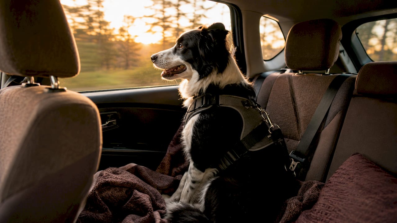 Dog secured with car safety harness in vehicle