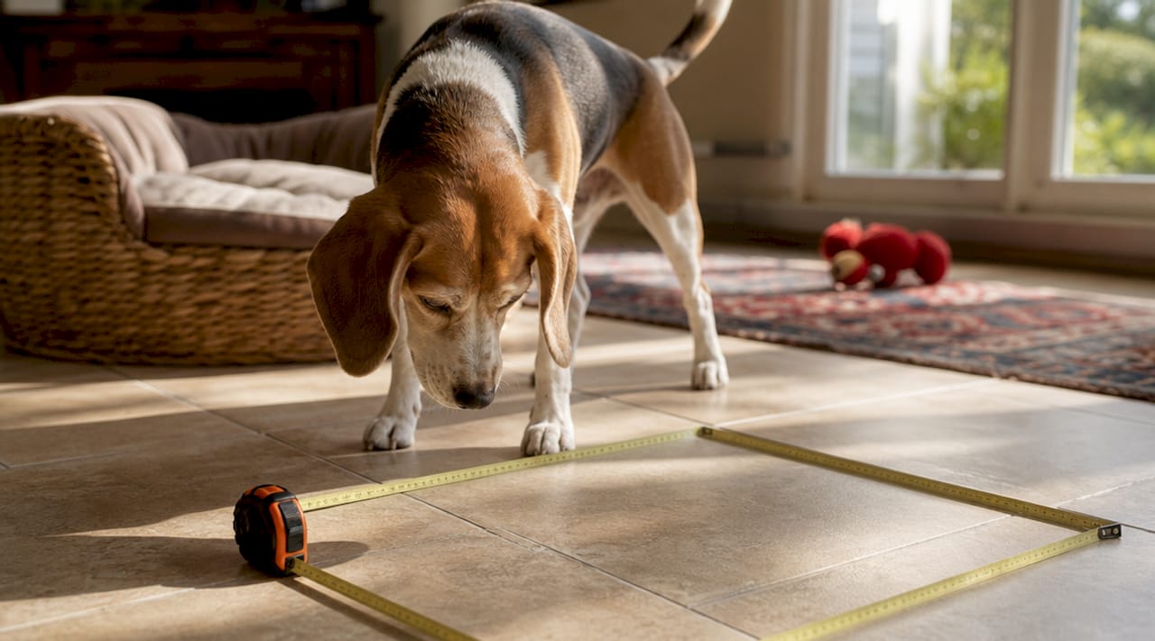 Tape measure outlining dog bed size on floor