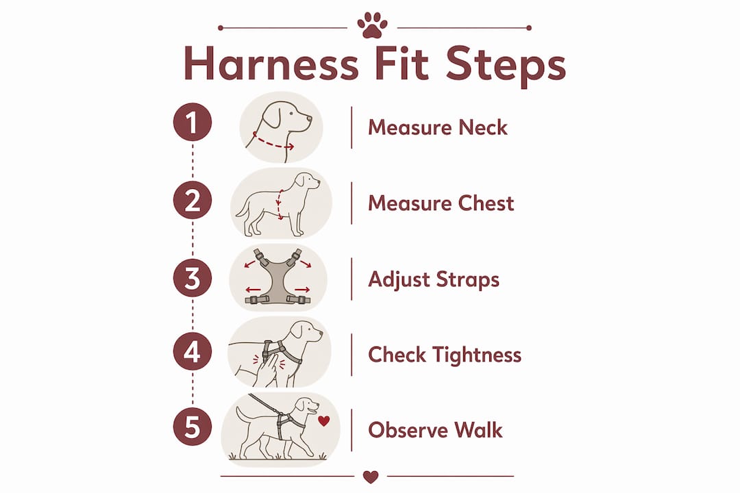 Infographic showing five steps for fitting pet harness safely
