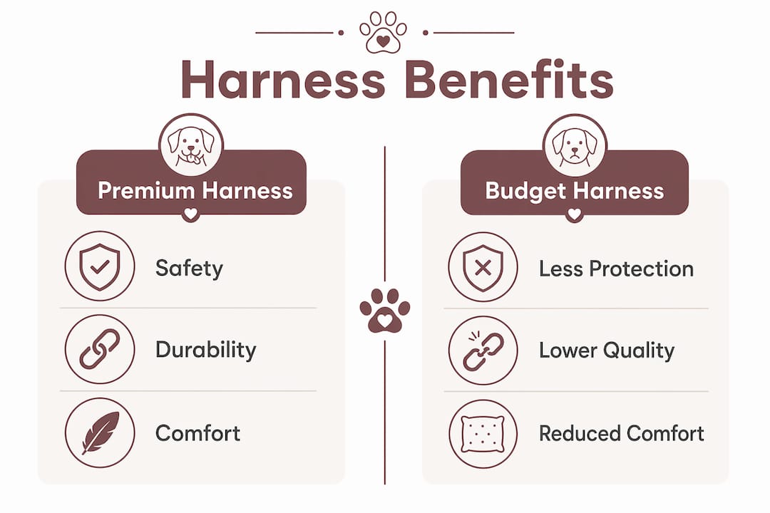 Infographic showing premium vs budget harness benefits