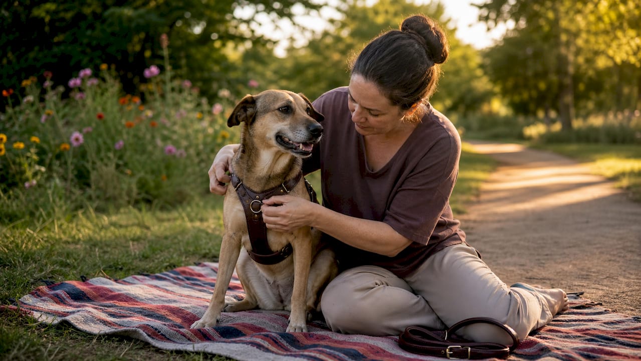 Woman putting premium dog harness on dog