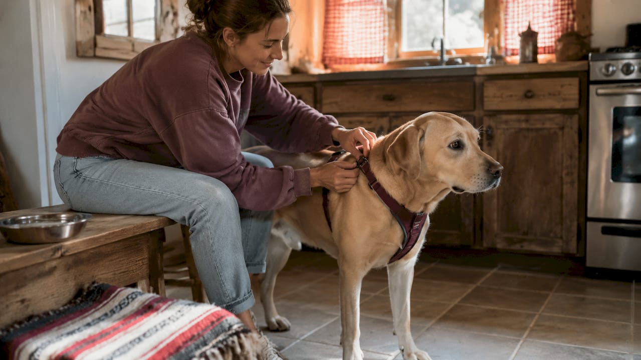 Owner fitting harness on Labrador Retriever