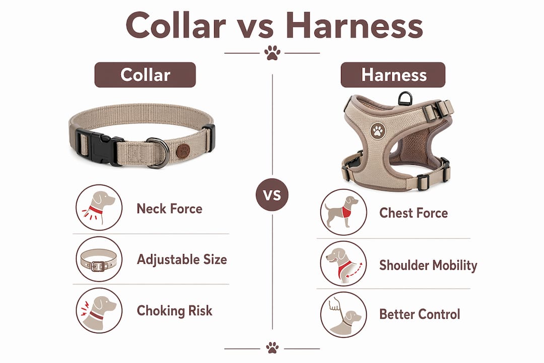Infographic comparing collar and harness safety