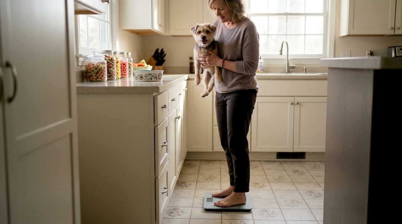 Woman weighing dog at home on scale