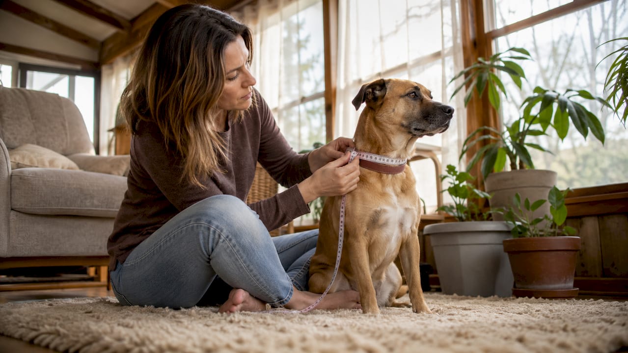 Woman measuring dog’s neck indoors with tape
