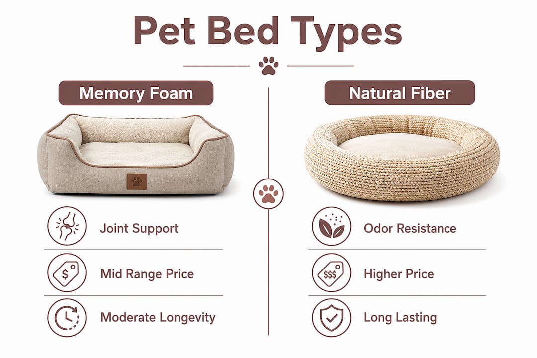 Infographic comparing memory foam and natural fiber pet beds