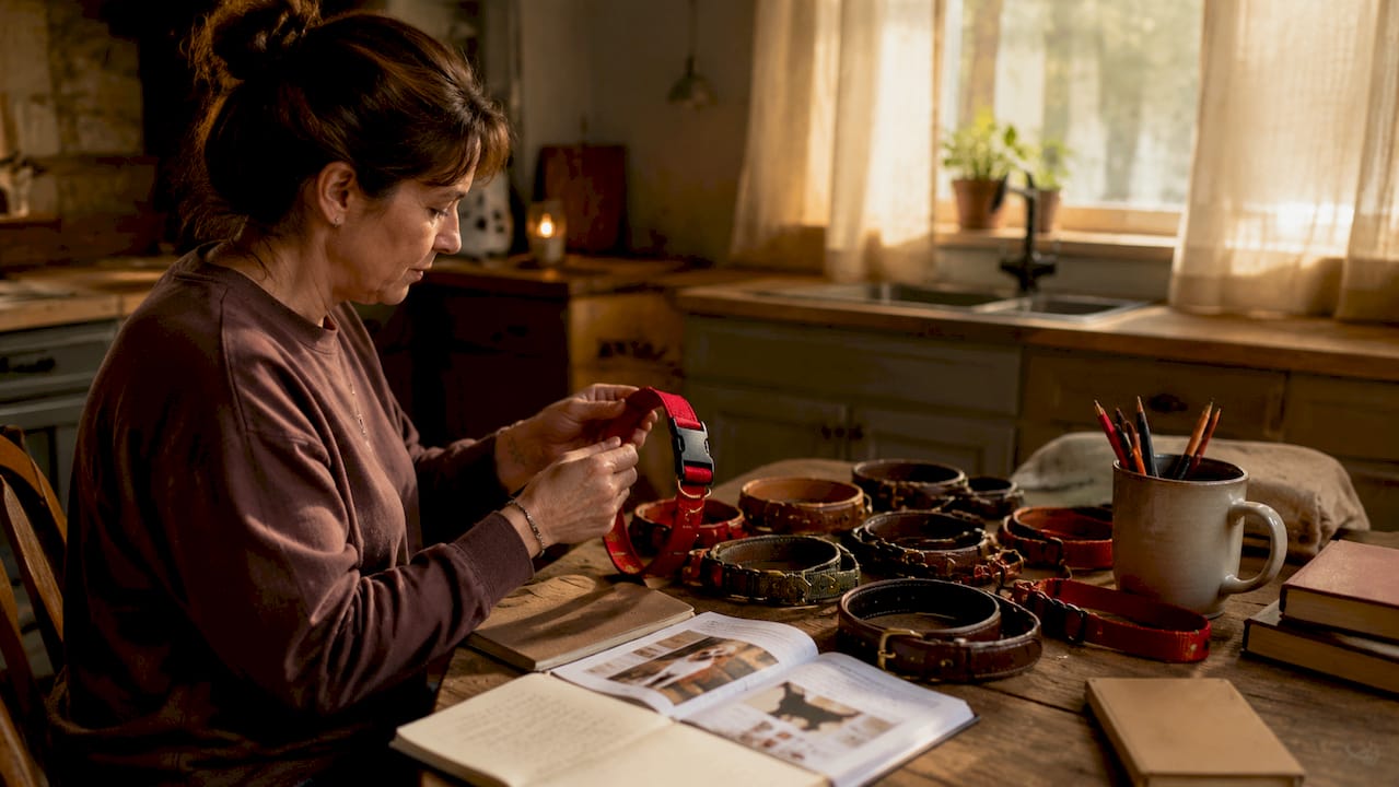 Woman inspecting flat nylon and leather dog collars