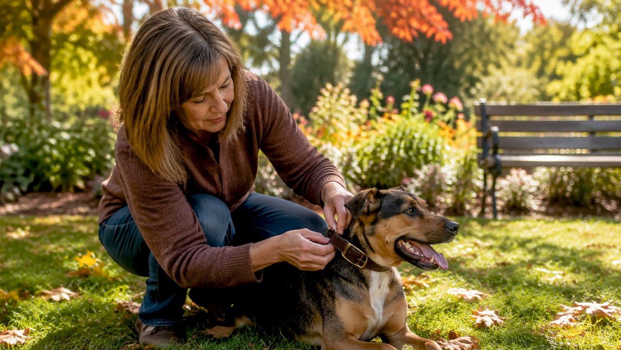 Woman inspecting dog collar outdoors