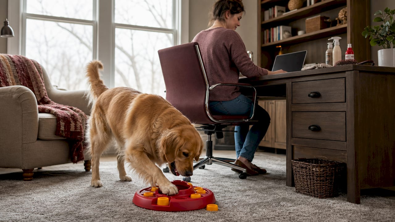 Golden retriever playing with puzzle toy indoors