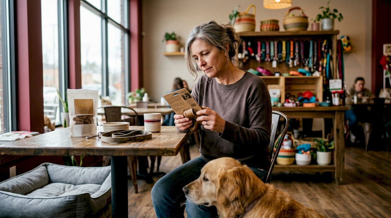 Woman choosing non-toxic dog products at home