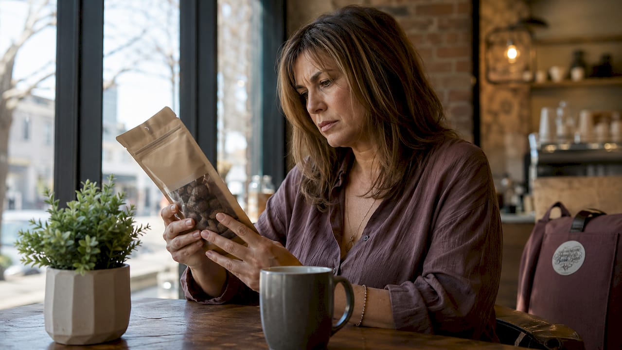 Woman reading dog treat label in kitchen