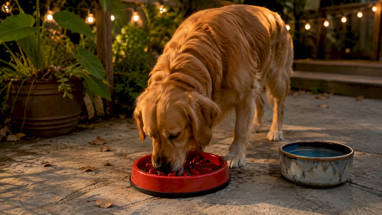 Golden retriever eating from slow-feed bowl