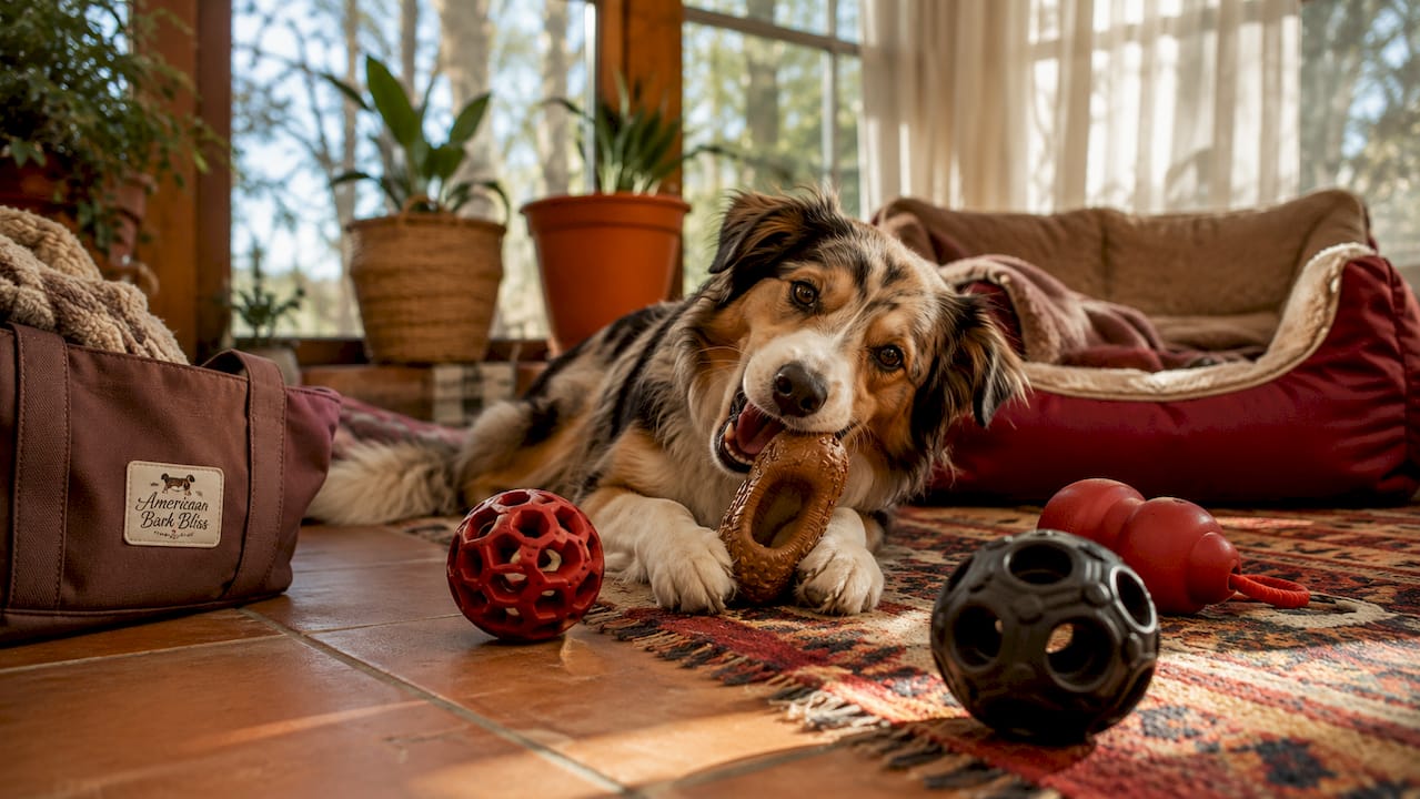 Dog chewing natural rubber toy indoors