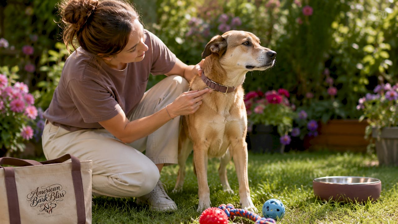 Owner adjusting dog's collar safely indoors