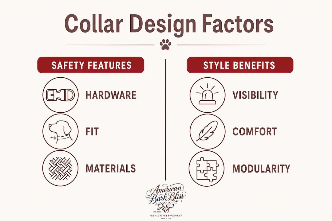 Infographic showing safety and style factors in dog collars