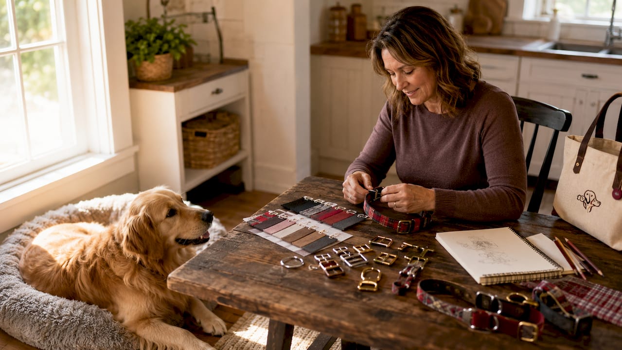 Woman customizing dog collar at home
