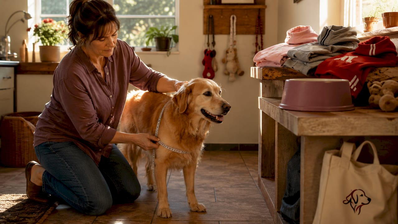 Woman measuring dog for apparel fit outside