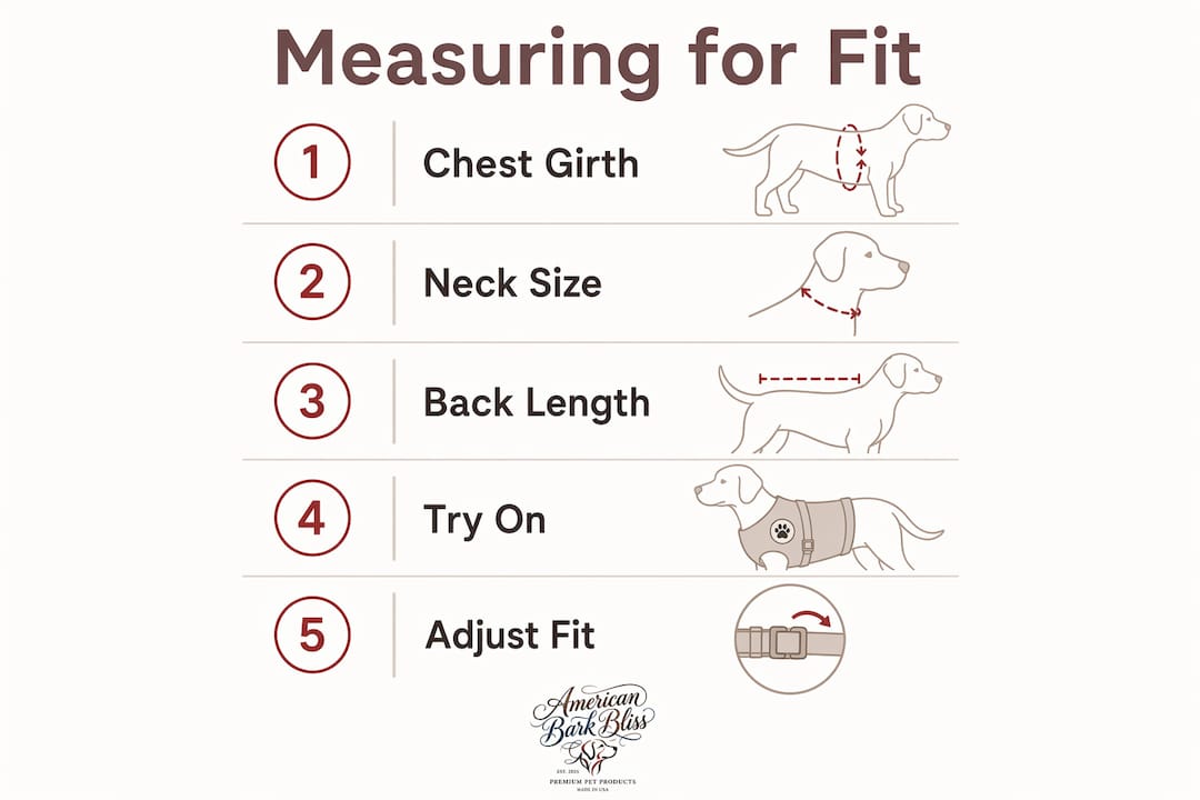 Vertical infographic showing steps for measuring dog apparel fit