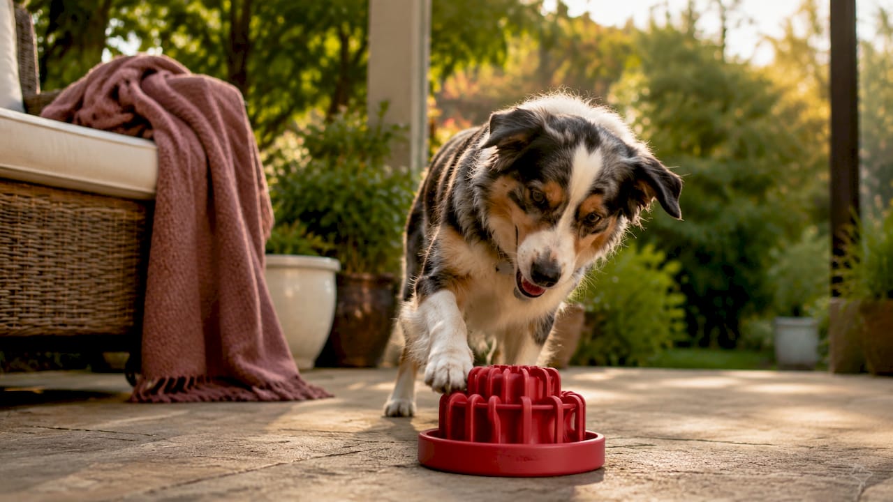Dog interacting with puzzle feeder toy indoors