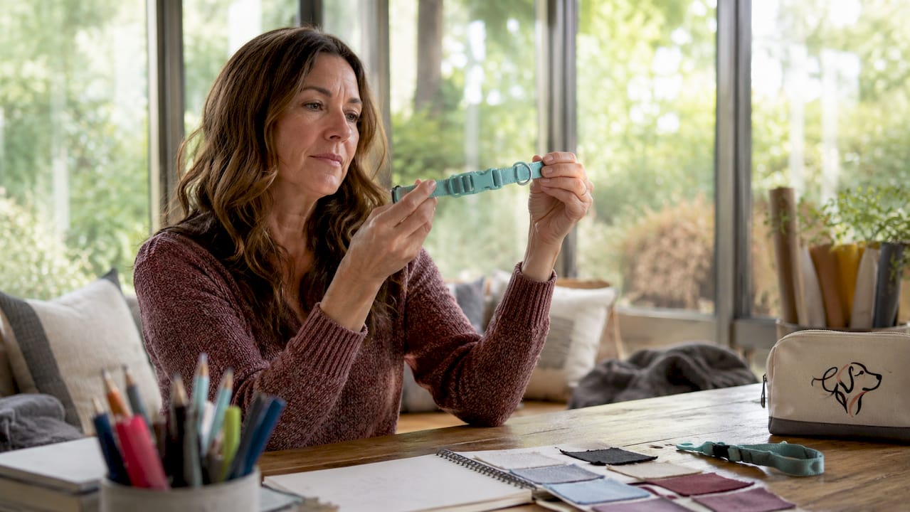 Woman inspecting dog collar materials closely
