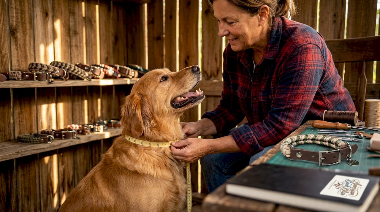 Woman measuring dog for custom collar