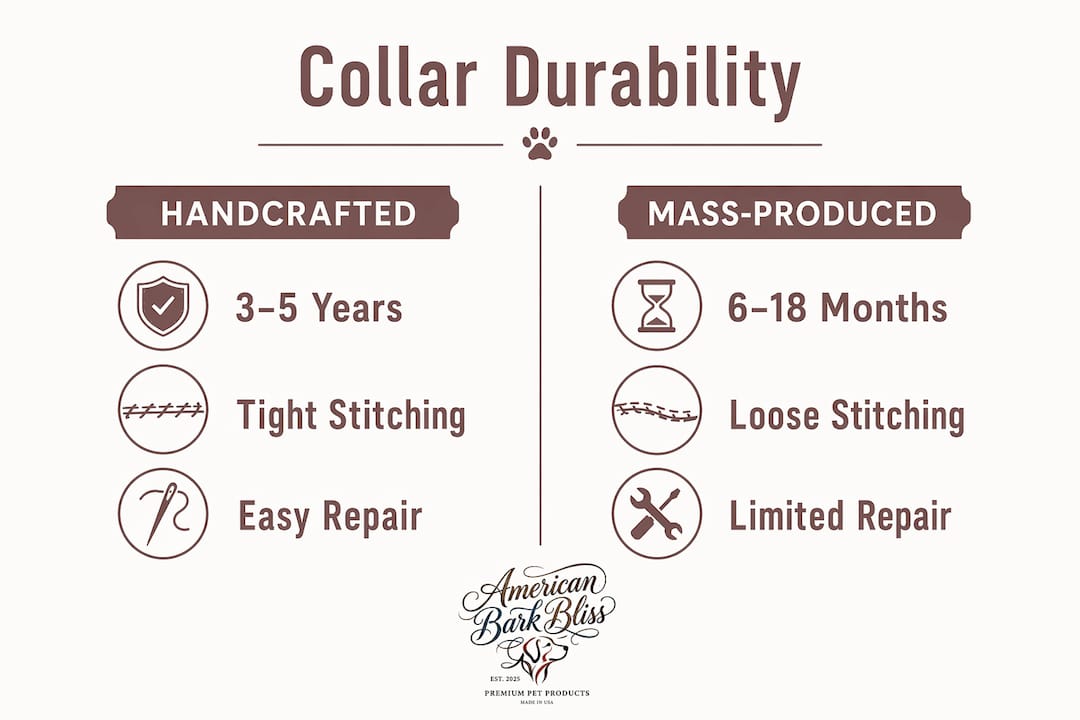 Infographic comparing handcrafted and mass-produced dog collar durability