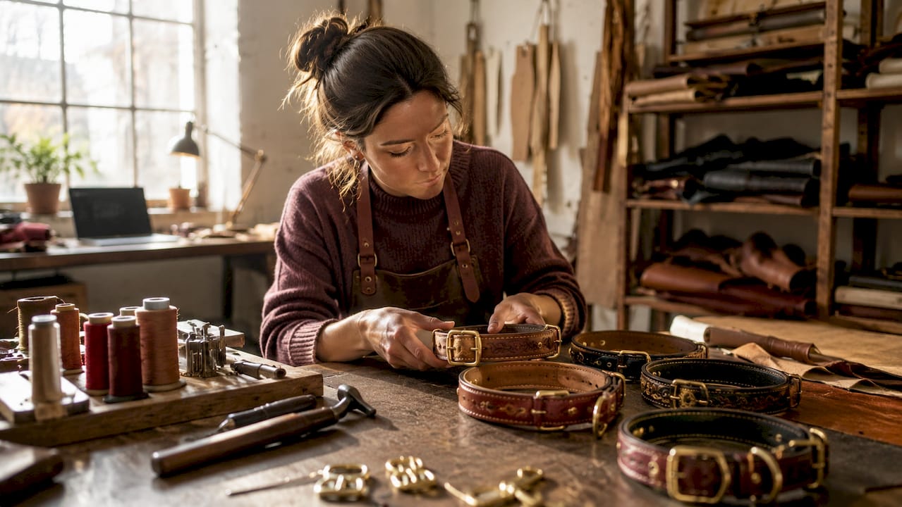 Artisan crafting luxury leather pet collars