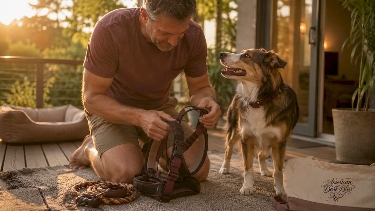 Dog owner inspecting durable harness indoors