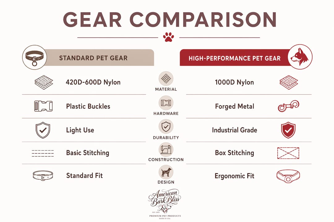 Infographic comparing standard vs high-performance pet gear
