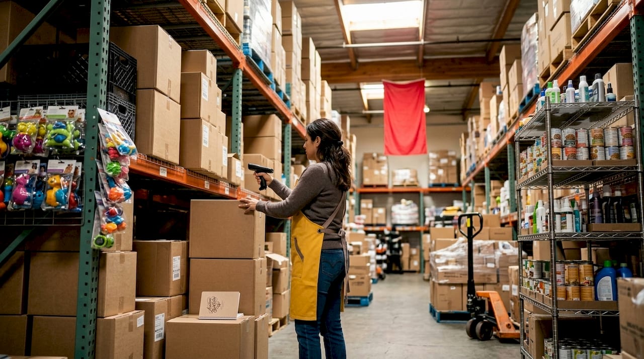 Businesswoman checking bulk pet supplies in warehouse
