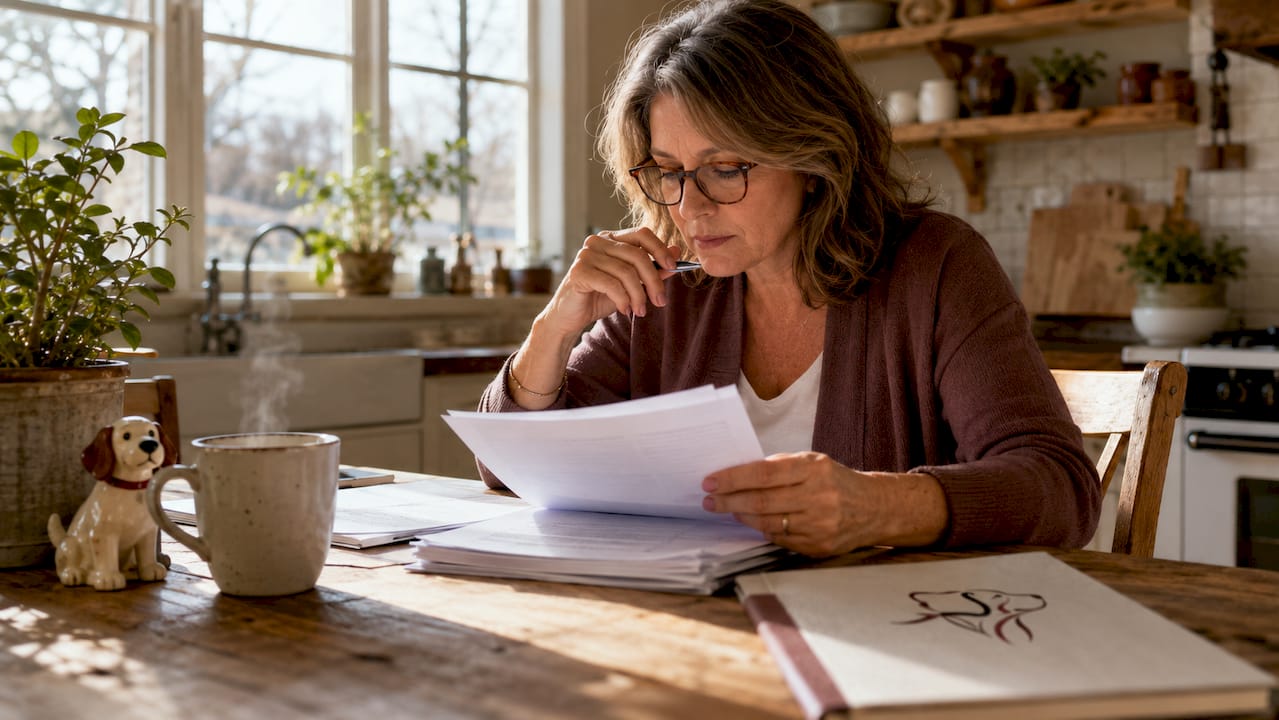 Woman reviewing FTC dog product certification papers