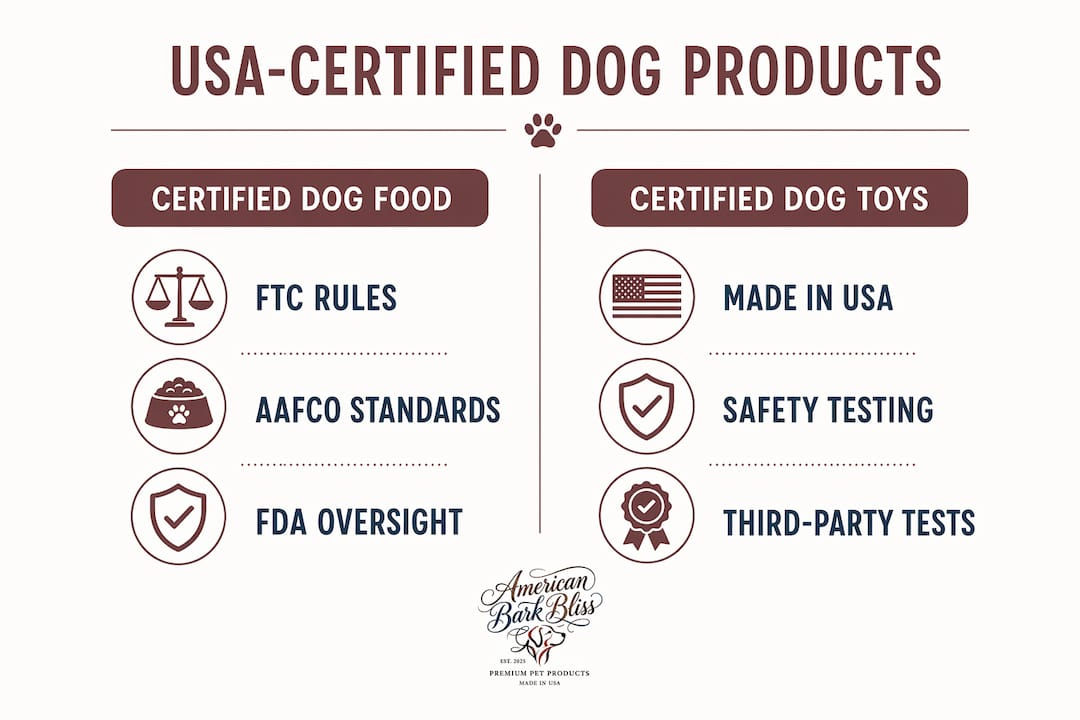 Infographic comparing certified dog food and dog toys standards