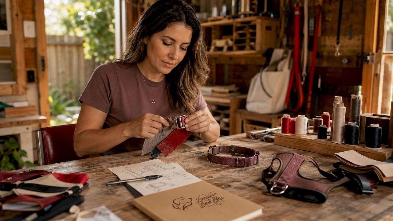 Woman inspecting pet accessory materials
