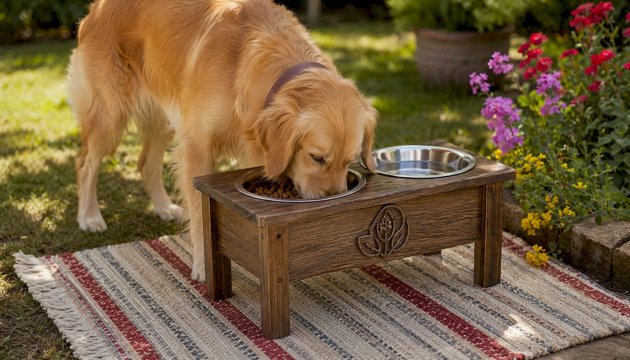 Golden retriever eating from elevated feeder