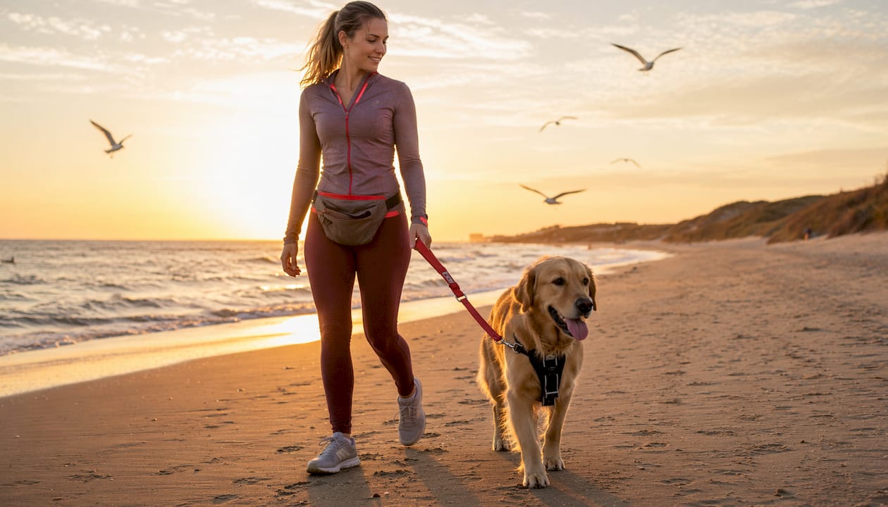 Woman walking dog with front-clip harness outdoors