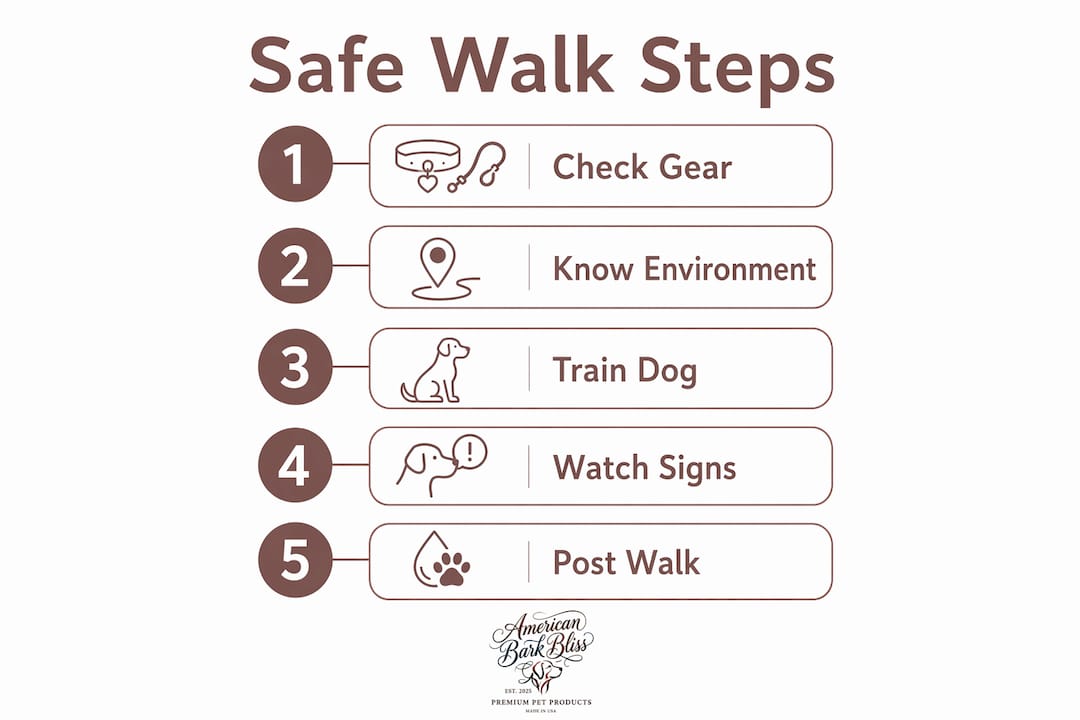 Infographic showing five key dog walking safety steps