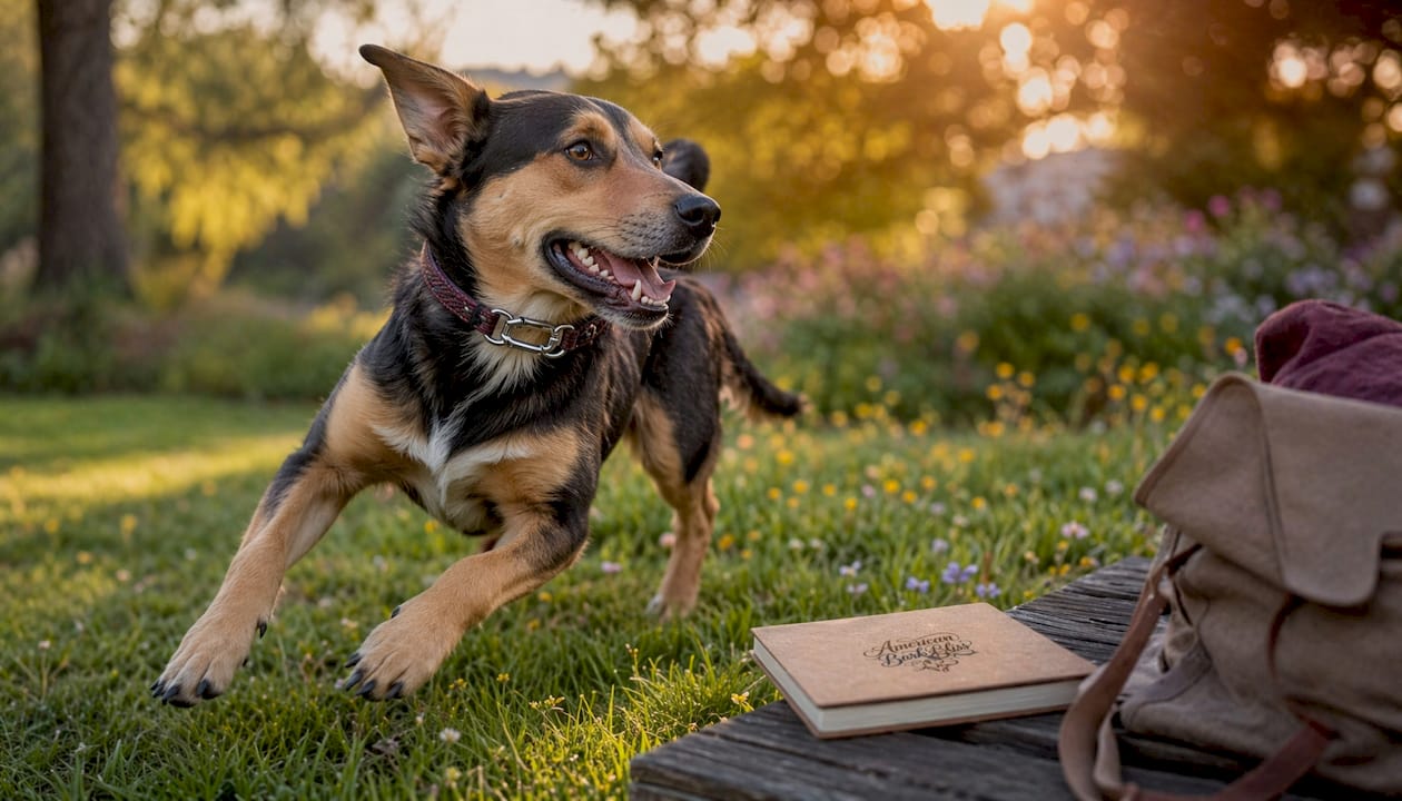 Dog wearing climbing rope collar in garden