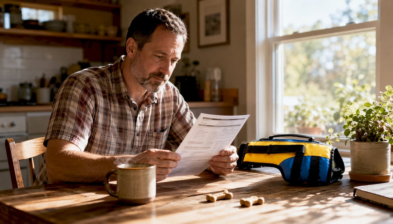 Man reviewing dog collar warranty paperwork