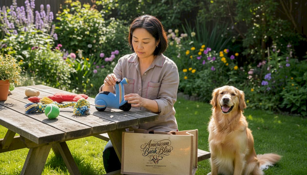 Woman inspecting dog chew toys at table